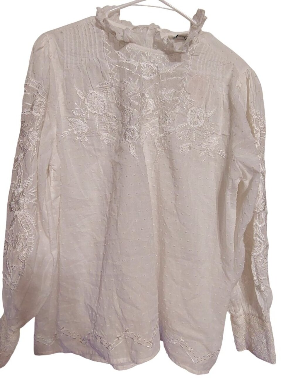 NWT Sundance Large White Lace Pheasant Blouse Embroidered Cotton Ruffle Neck New